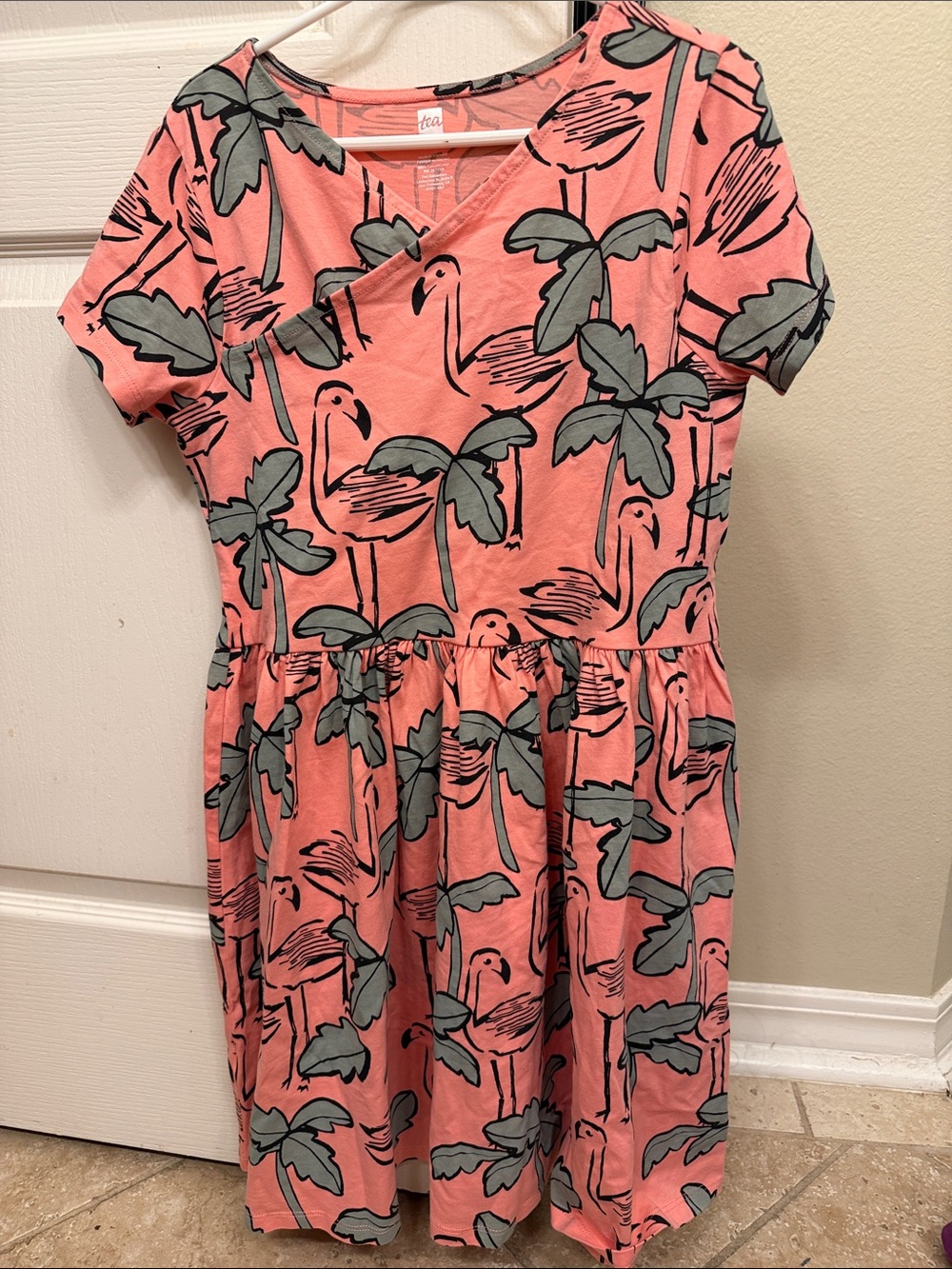 Tea Collection Girls Pink Flamingo Print Short Sleeve Dress